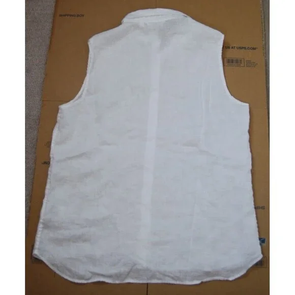 Uniqlo Womens LARGE White 100% Linen Button Up NO Sleeve Shirt Blouse Top - Picture 3 of 7